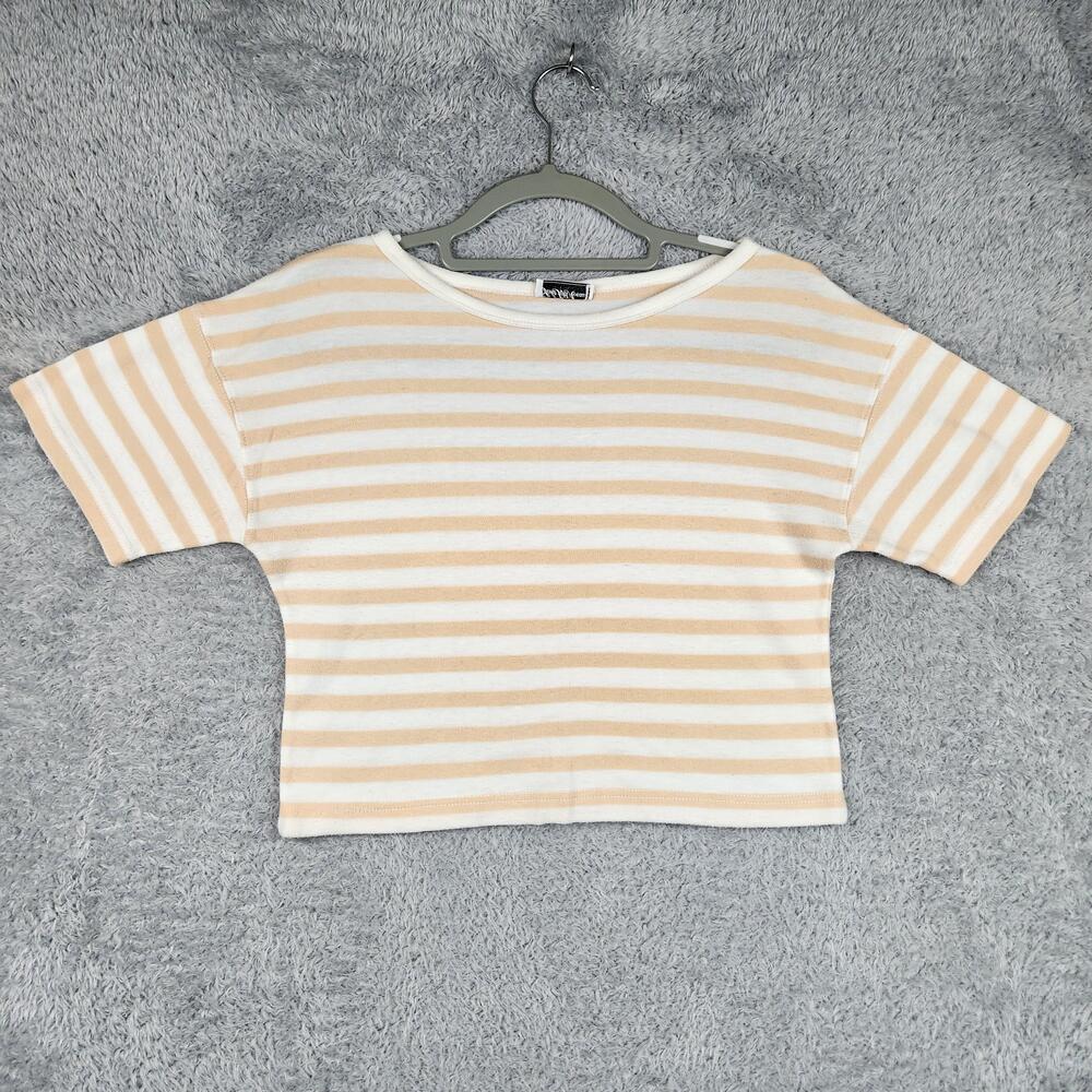 Vintage Saks Fifth Avenue Shirt Womens Medium Beige White Striped Cropped 90s